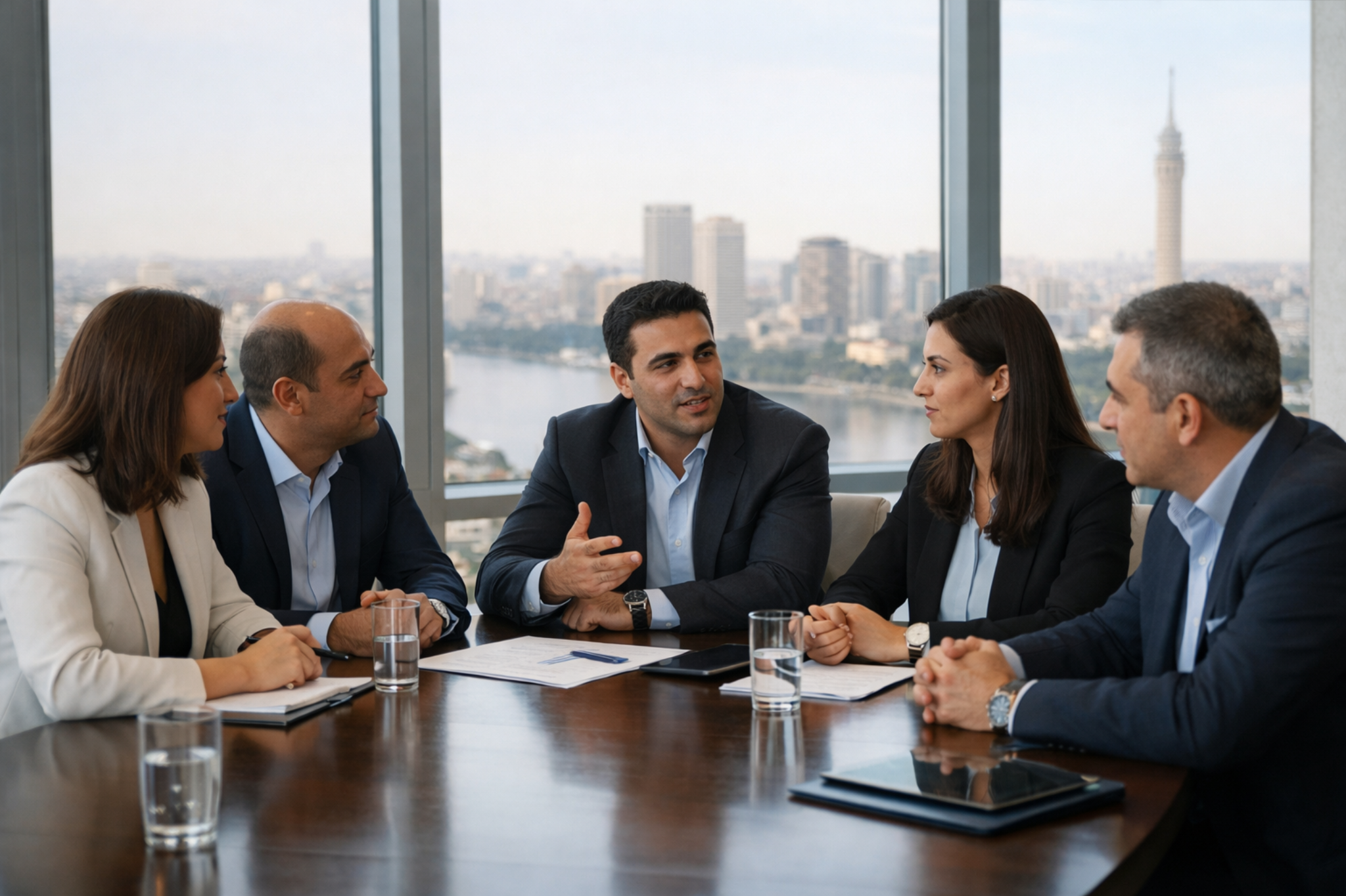 Executive leadership meeting overlooking Cairo skyline